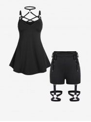 Gothic Strappy O Ring Tank Top and Lace-up Garter Shorts Outfit -  