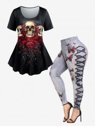Gothic Skull Rose Print T-shirt And  Plus Size 3D Lace-up Butterfly Print Jeggings Gothic Outfit -  
