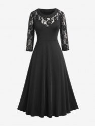 Plus Size Lace Panel High Rise A Line Midi Dress - Noir 2XL