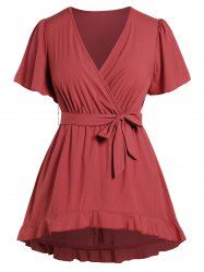 Plus Size High Low Surplice Plunge Belted Flounce Short Sleeve Blouse -  