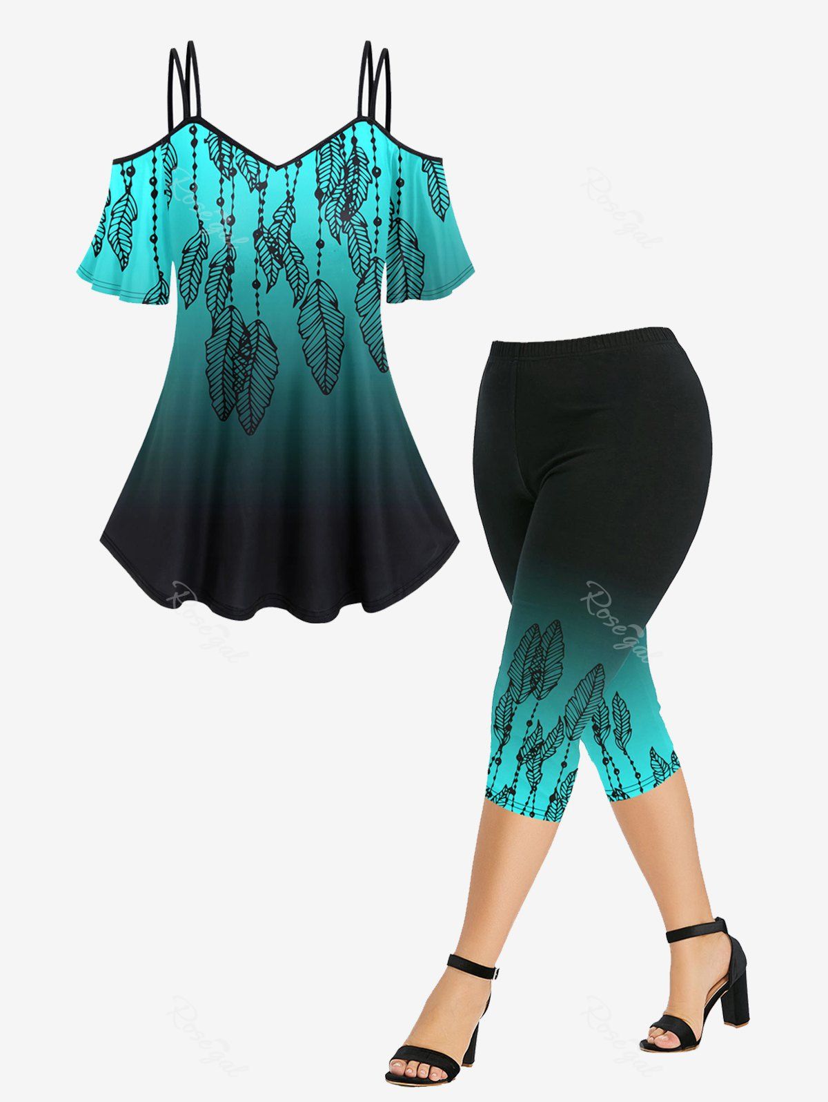 Unique Feathers Printed Ombre Cold Shoulder Tee and Leggings Plus Size Matching Set  