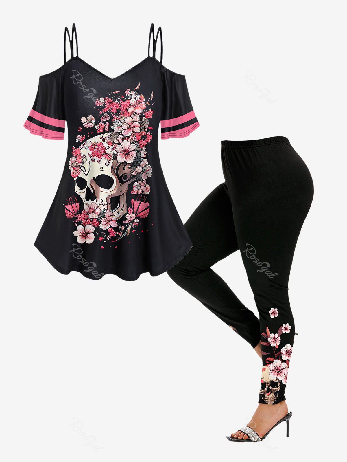Latest Gothic Floral Skull Print Open Shoulder Top and Floral Skull Print Leggings Outfit  