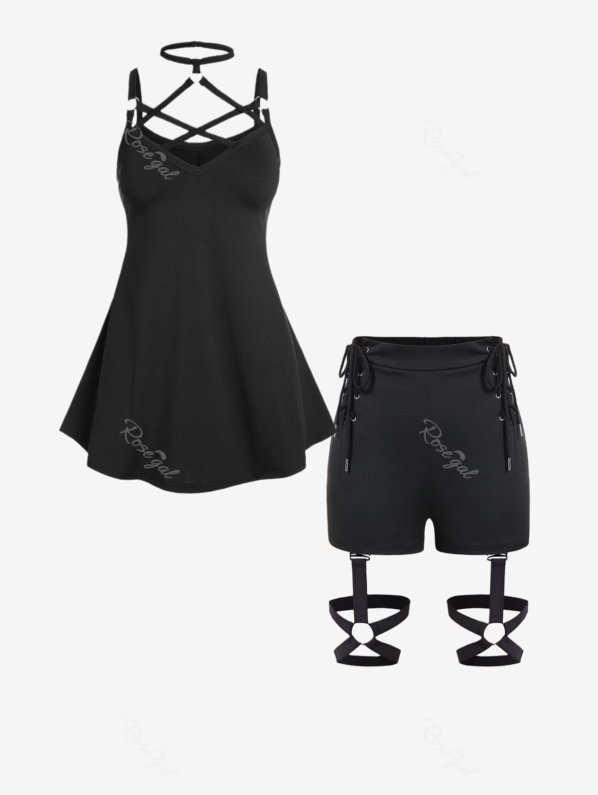 Online Gothic Strappy O Ring Tank Top and Lace-up Garter Shorts Outfit  