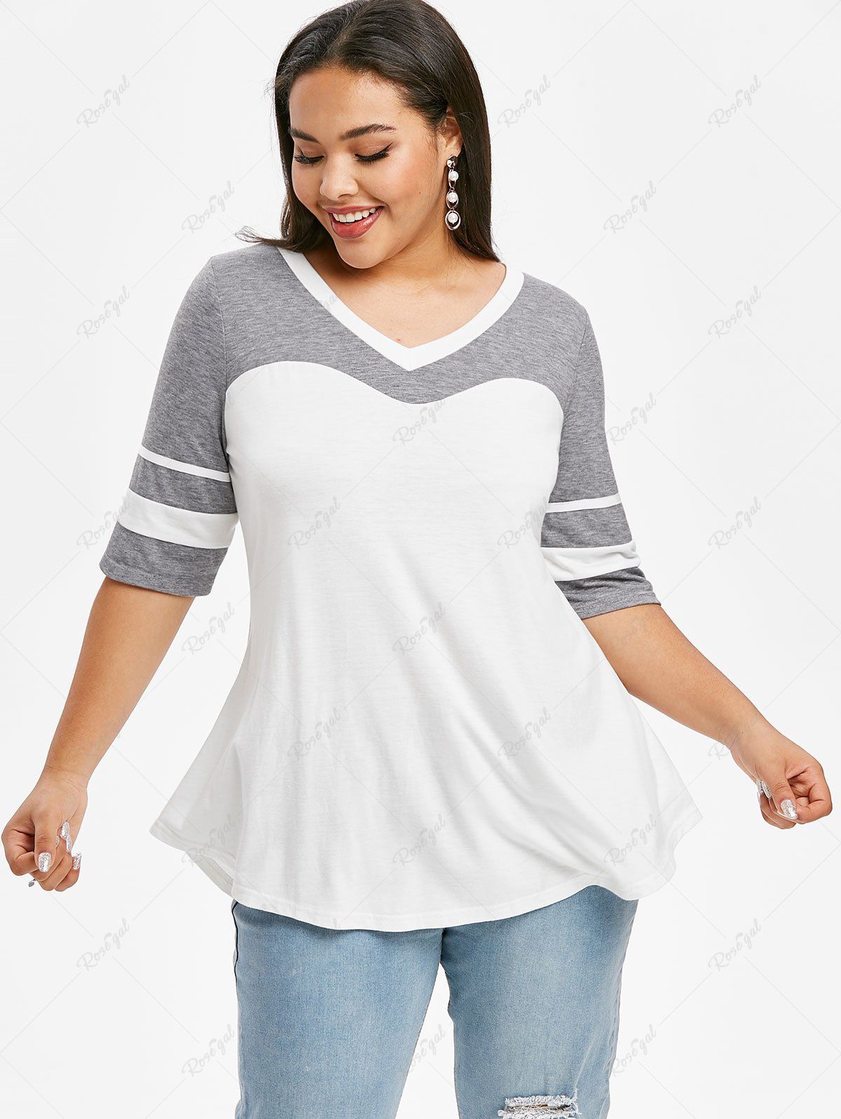 Online Plus Size Two Tone V Neck Tee  