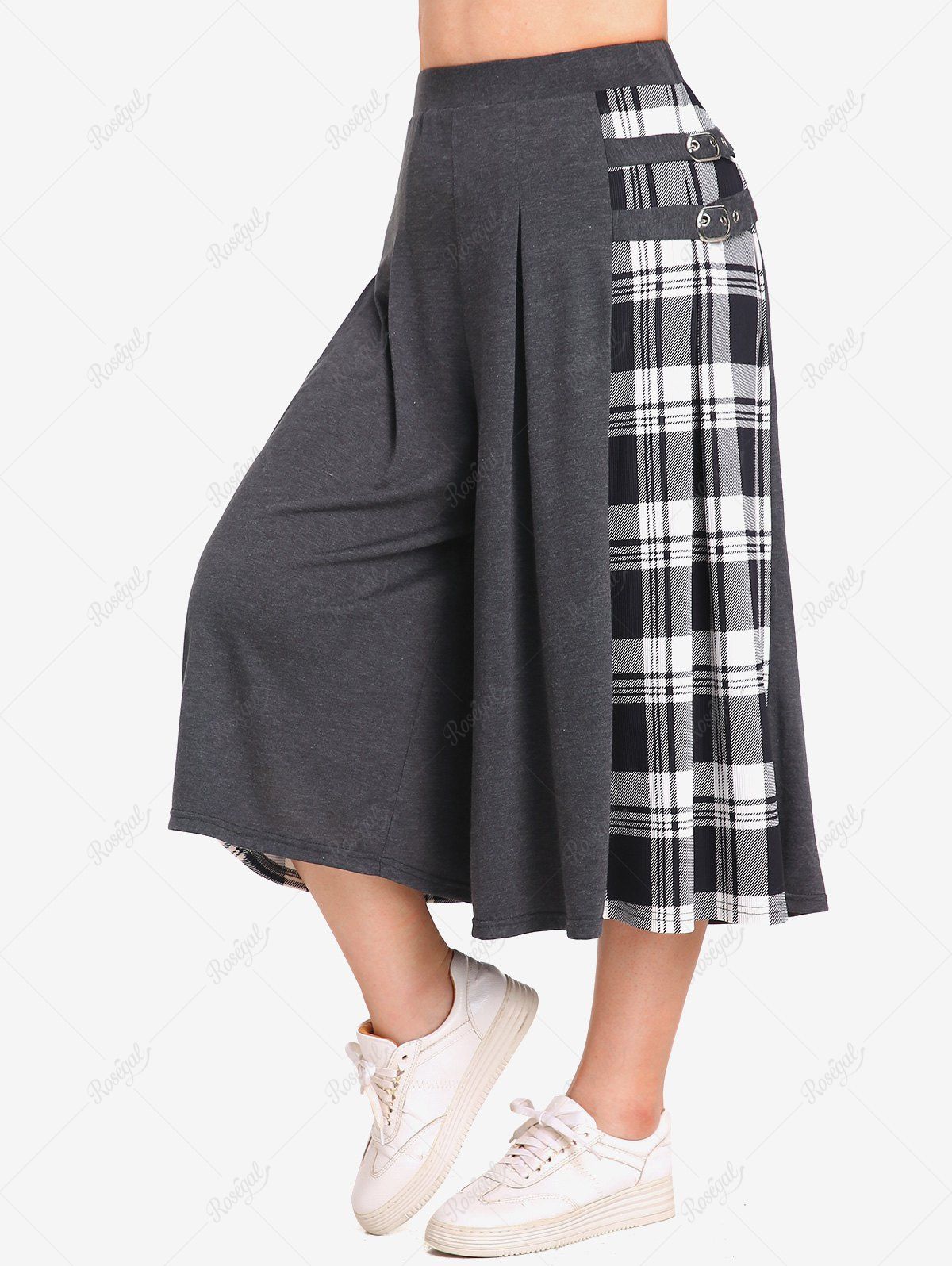 Pantalon Culotte Plissé Bouclé Panneau à Carreaux de Grande Taille Gris Foncé L | US 12