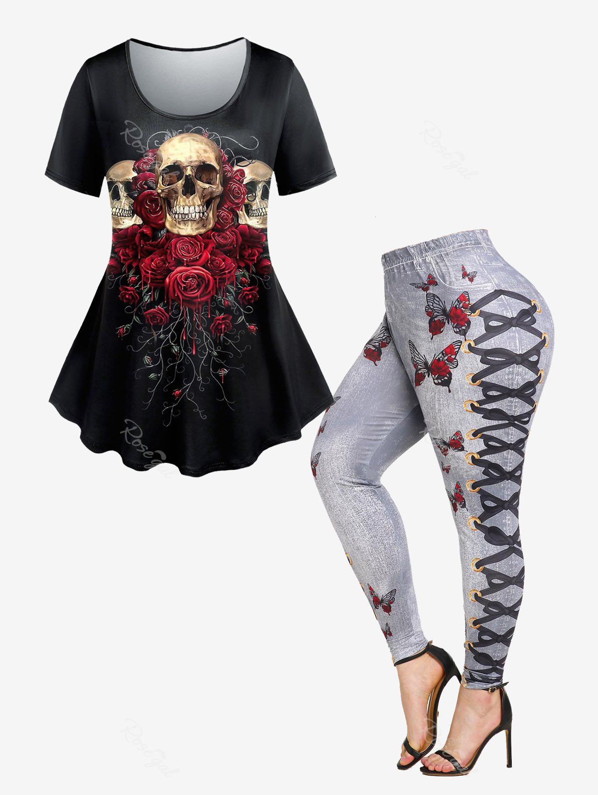 Buy Gothic Skull Rose Print T-shirt And  Plus Size 3D Lace-up Butterfly Print Jeggings Gothic Outfit  