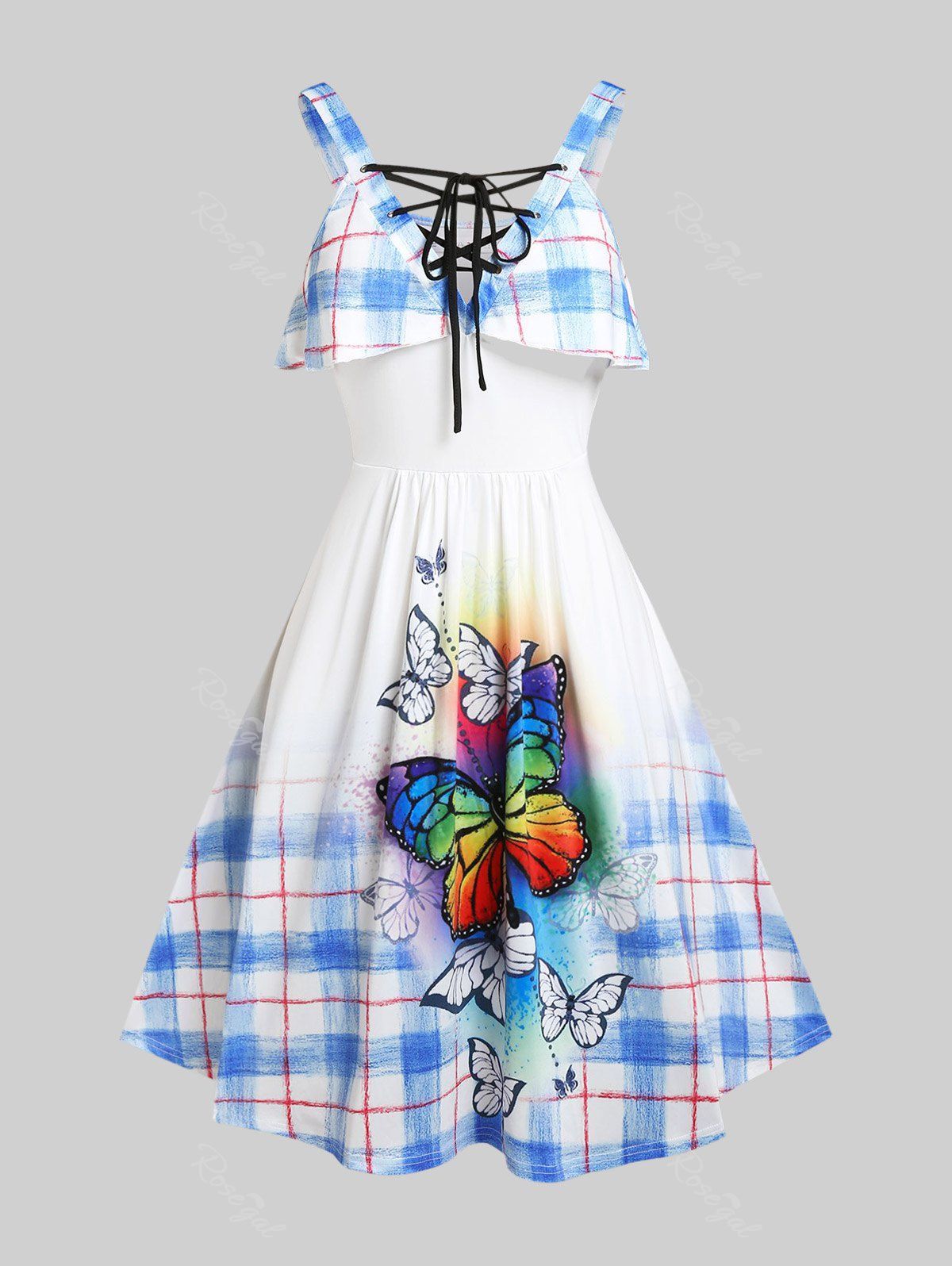Chic Plus Size & Curve Ruffled Butterfly Print Lace Up Dress  