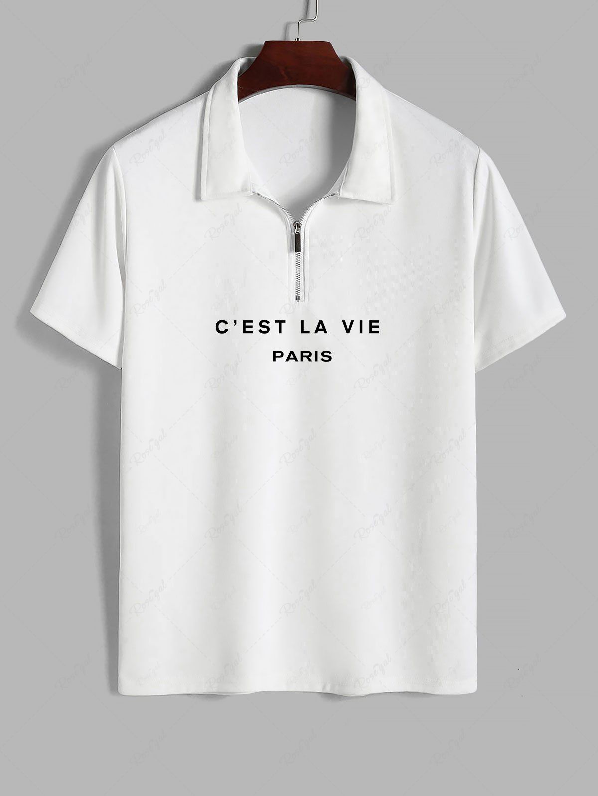 Best C'EST LA VIE PARIS Print Polo Collared Half Zip T Shirt  