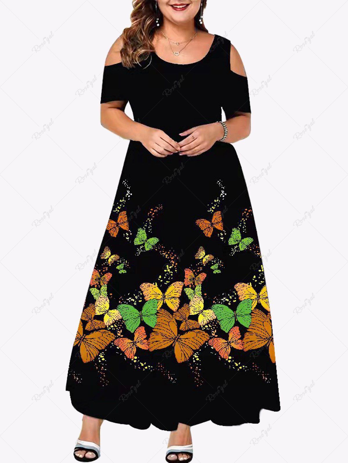 Store Plus Size Butterfly Printed Open Shoulder A Line Dress  