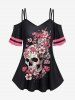 Gothic Floral Skull Print Open Shoulder Top and Floral Skull Print Leggings Outfit -  