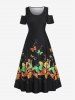 Plus Size Butterfly Printed Open Shoulder A Line Dress -  