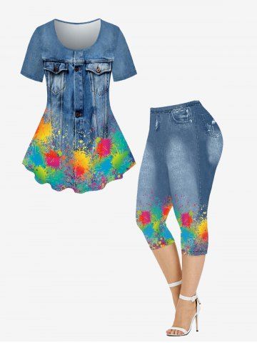 3D Jeans Paint Splatter Printed Tee and Leggings Plus Size Summer Matching Set - BLUE