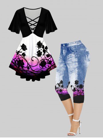 Flower Printed Ombre Crisscross Plunging Tee and 3D Jeans Leggings Plus Size Summer Matching Set - PURPLE