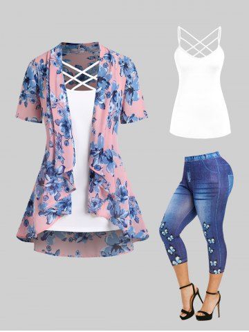 Open Front Floral Asymmetric Top and Crisscross Tank Top and 3D Denim Butterfly Print Capri Jeggings Plus Size Outfits - LIGHT PINK