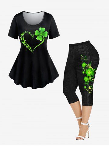 St Patrick's Day Clovers Heart Printed Tee and 3D Jeans Clovers Printed Capri Leggings Plus Size Outfits