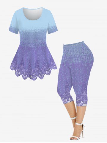 3D Abstract Print Tee and Cropped Leggings Plus Size Summer Matching Set - LIGHT PURPLE
