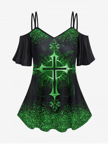 Gothic St Patrick's Day Cross Print Cold Shoulder Top - GREEN - L | US 12