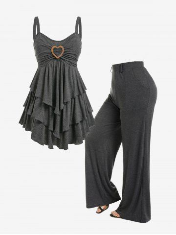 Heart Buckle Layered Tank Top and Wide Leg Pull On Pants Plus Size Summer Outfit - GRAY