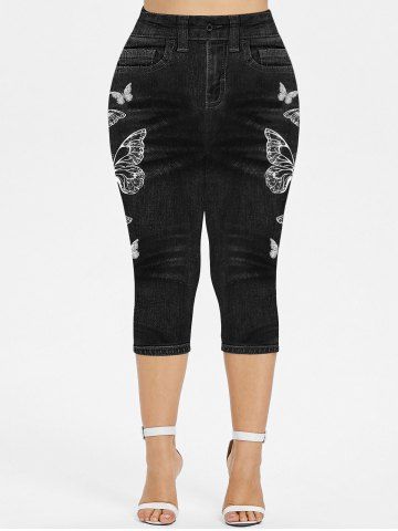 Plus Size 3D Denim Butterfly Printed Capri Leggings