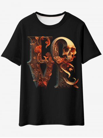 Gothic Love Skull Floral Graphic Tee - BLACK - XL