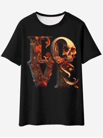 Gothic Love Skull Floral Graphic Tee - BLACK - 2XL