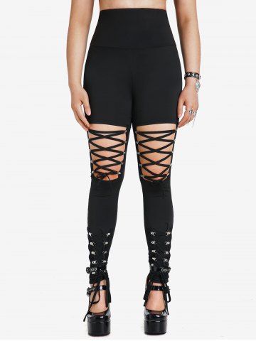Gothic Lace-up Cutout Buckle Skinny Pants - BLACK - M | US 10