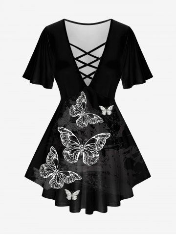 T-shirt Croisé Papillon Imprimé de Grande Taille à Manches Courtes - BLACK - 3X | US 22-24