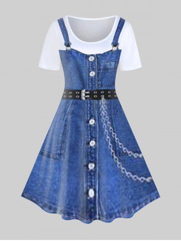 Plus Size 3D Jean Print A Line Tee Dress - BLUE - 5X | US 30-32