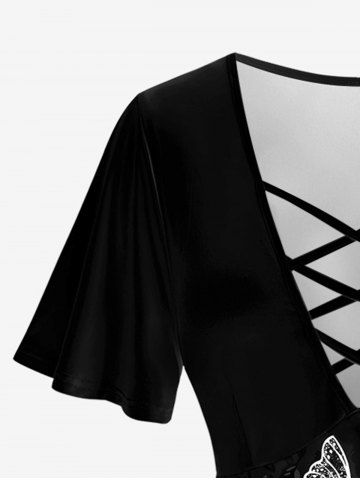 Plus Size Butterfly Printed Crisscross Short Sleeves Tee