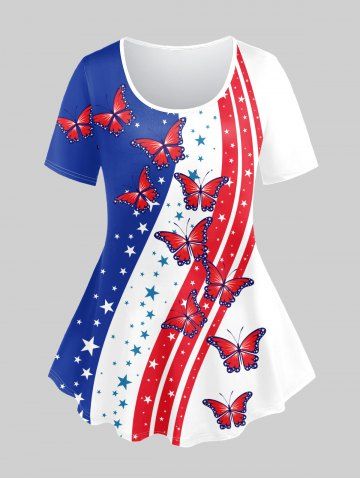 T-shirt Drapeau Américain Papillon Imprimé de Grande Taille - BLUE - 1X | US 14-16
