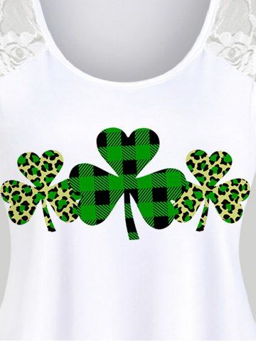 Plus Size Saint Patrick's Day Clover Plaid Lace Panel Tank Top