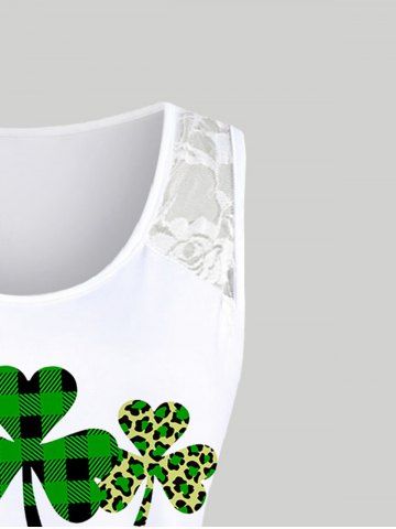 Plus Size Saint Patrick's Day Clover Plaid Lace Panel Tank Top