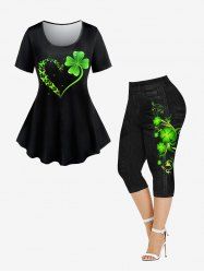 St Patrick's Day Clovers Heart Printed Tee and 3D Jeans Clovers Printed Capri Leggings Plus Size Outfits -  