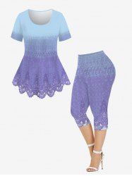 3D Abstract Print Tee and Cropped Leggings Plus Size Summer Matching Set -  
