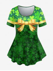 Plus Size St Patrick's Day Allover Bow Leaf Print T-shirt -  