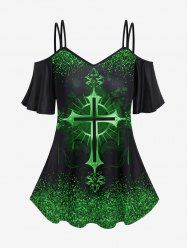 Gothic St Patrick's Day Cross Print Cold Shoulder Top -  