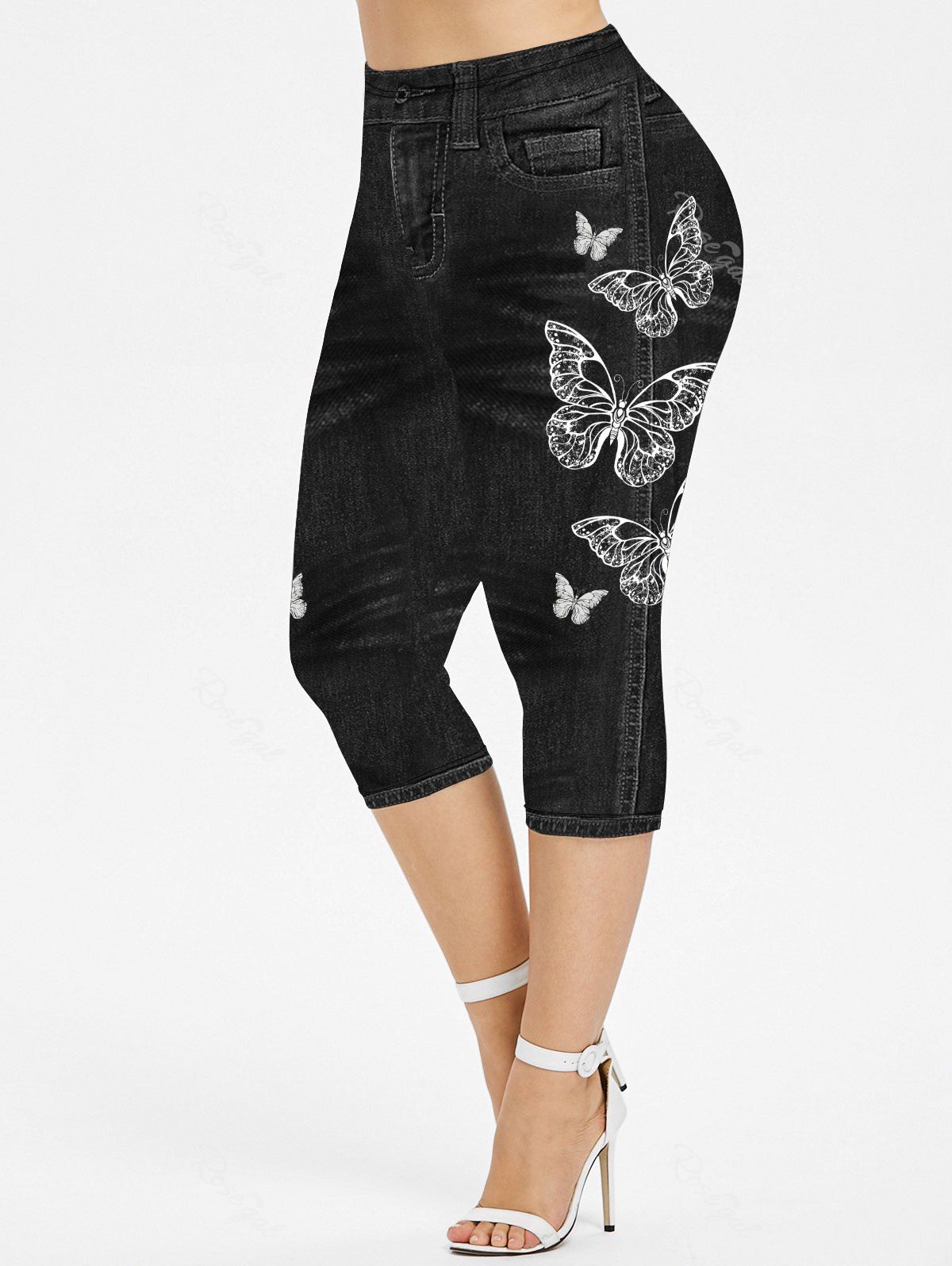 Plus Size 3D Jeans Butterfly Flower Printed Capri Leggings [60