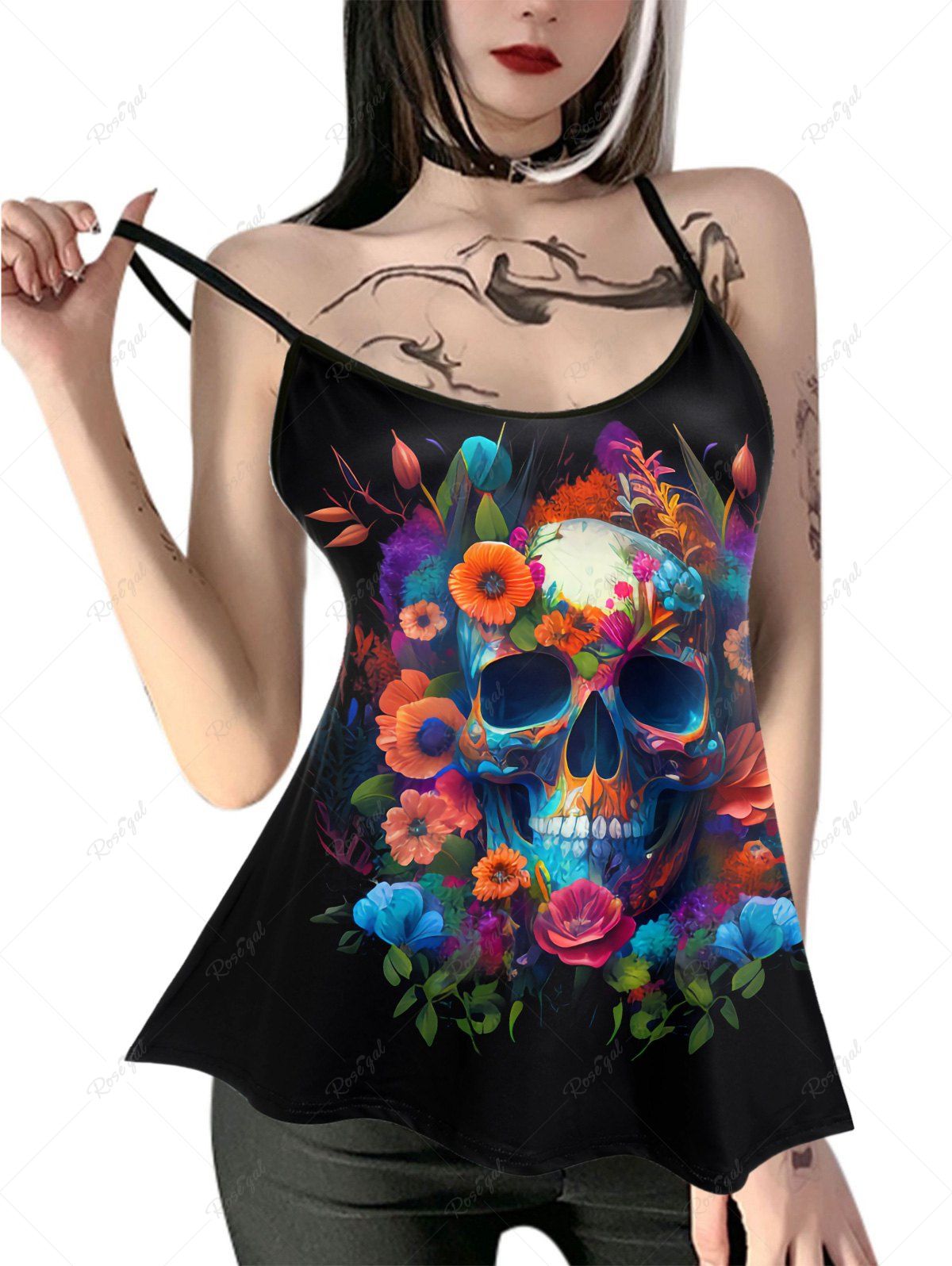 Fashion Gothic Skull Bloom Flower Print Cami Top (Adjustable Straps)  