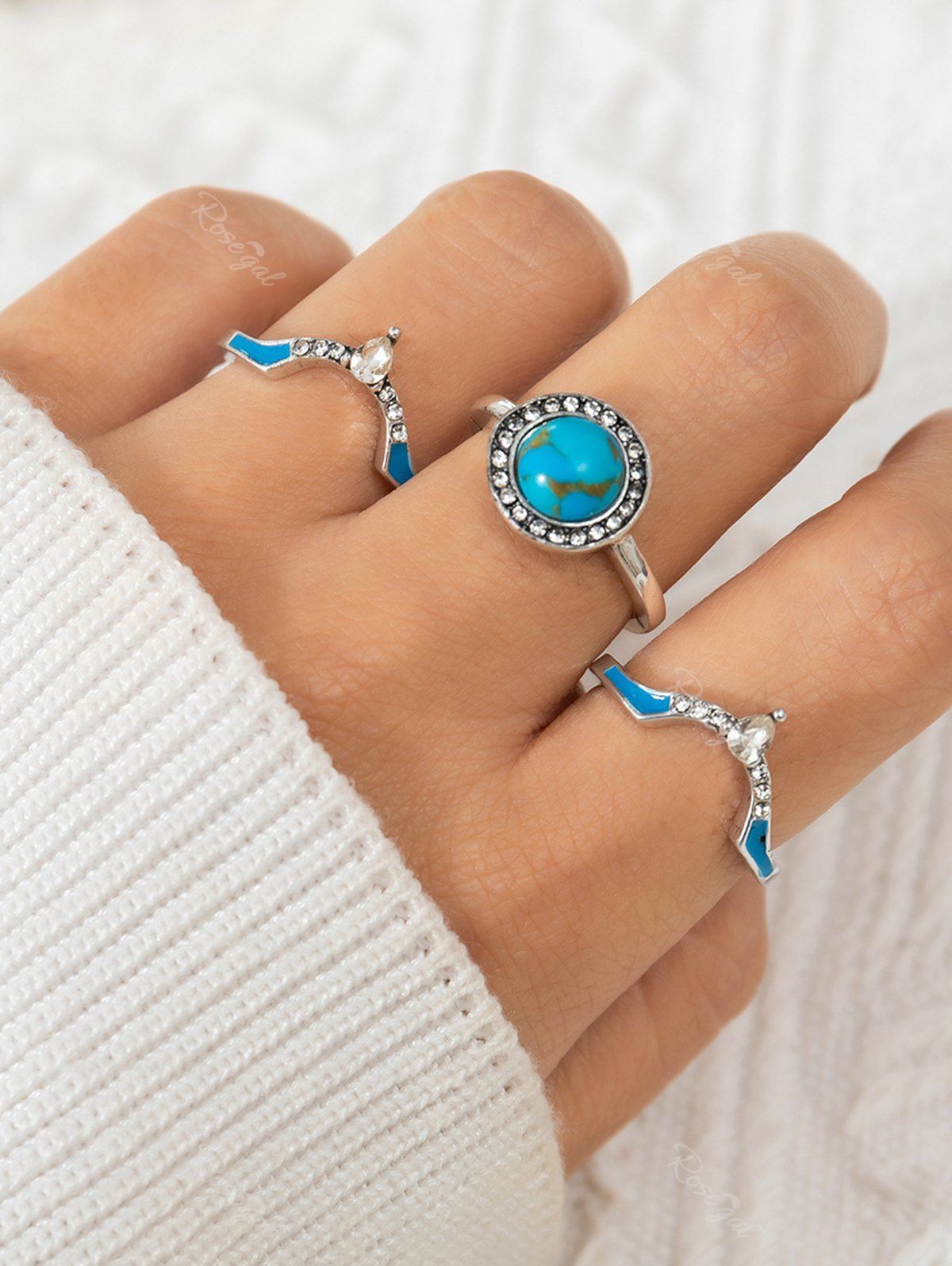 Shop 3Pcs Vintage Rhinestone Turquoise Decor Rings  