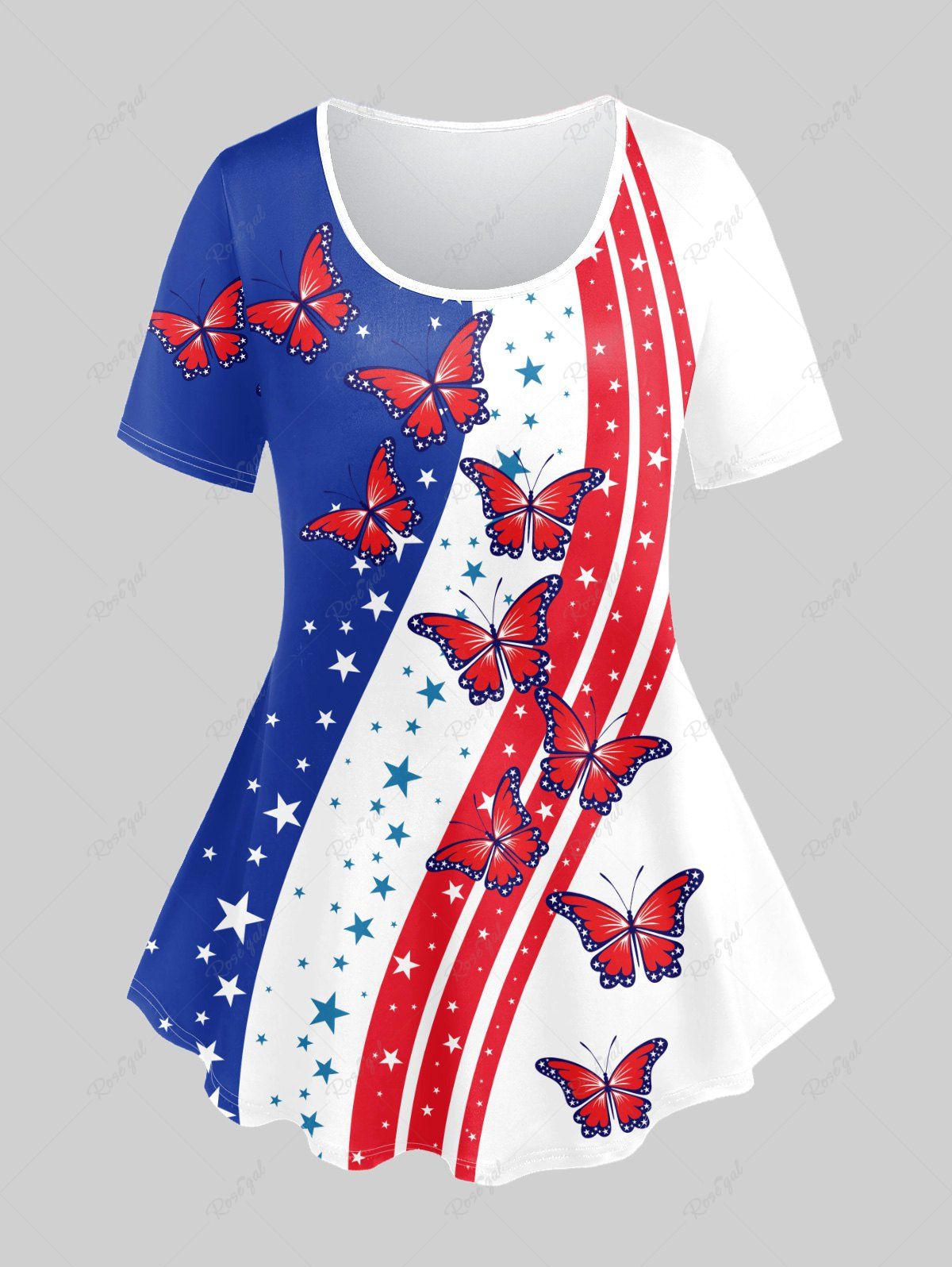 Sale Plus Size Patriotic American Flag Butterfly Print T-shirt  