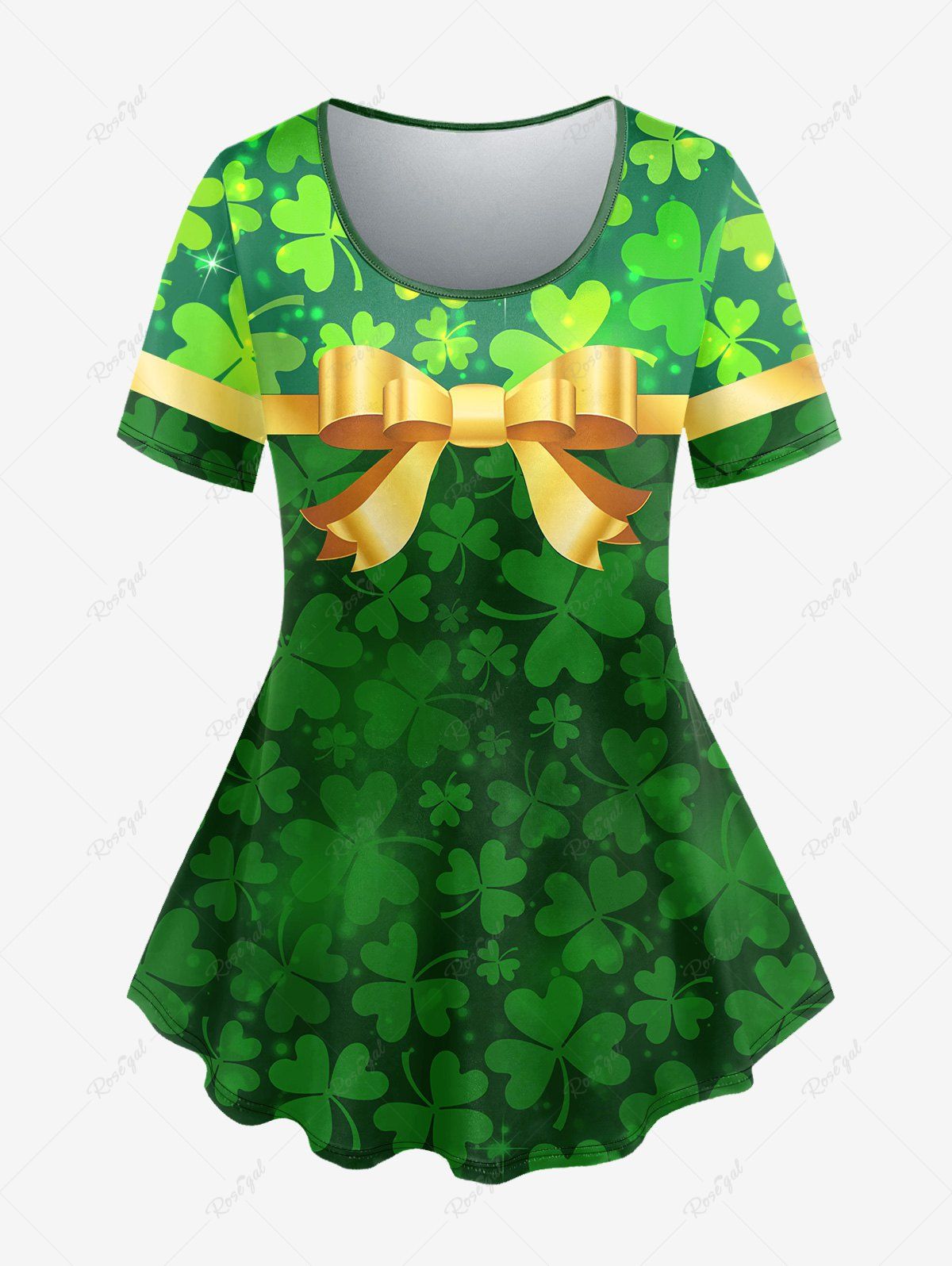 Affordable Plus Size St Patrick's Day Allover Bow Leaf Print T-shirt  