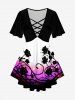 Flower Printed Ombre Crisscross Plunging Tee and 3D Jeans Leggings Plus Size Summer Matching Set -  