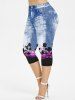 Flower Printed Ombre Crisscross Plunging Tee and 3D Jeans Leggings Plus Size Summer Matching Set -  