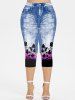 Flower Printed Ombre Crisscross Plunging Tee and 3D Jeans Leggings Plus Size Summer Matching Set -  