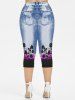 Flower Printed Ombre Crisscross Plunging Tee and 3D Jeans Leggings Plus Size Summer Matching Set -  