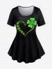 St Patrick's Day Clovers Heart Printed Tee and 3D Jeans Clovers Printed Capri Leggings Plus Size Outfits -  