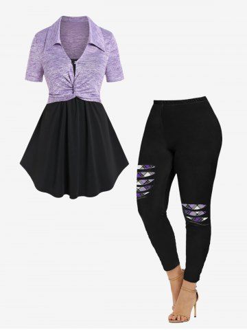 Space Dye Turn Down Twist 2 in 1 Tee and 3D Ripped Plaid Printed Leggings Plus Size Outfit - LIGHT PURPLE