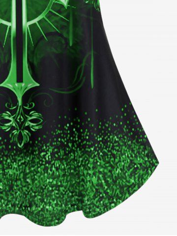 Gothic St Patrick's Day Cross Print Open Shoulder Top and High Waist Glitter Light Beam Printed Leggings Outfit