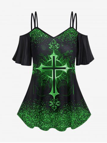 Gothic St Patrick's Day Cross Print Open Shoulder Top and High Waist Glitter Light Beam Printed Leggings Outfit