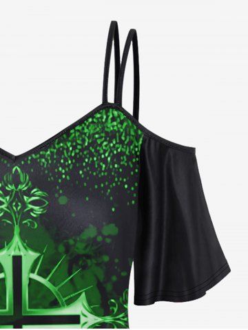 Gothic St Patrick's Day Cross Print Open Shoulder Top and High Waist Glitter Light Beam Printed Leggings Outfit